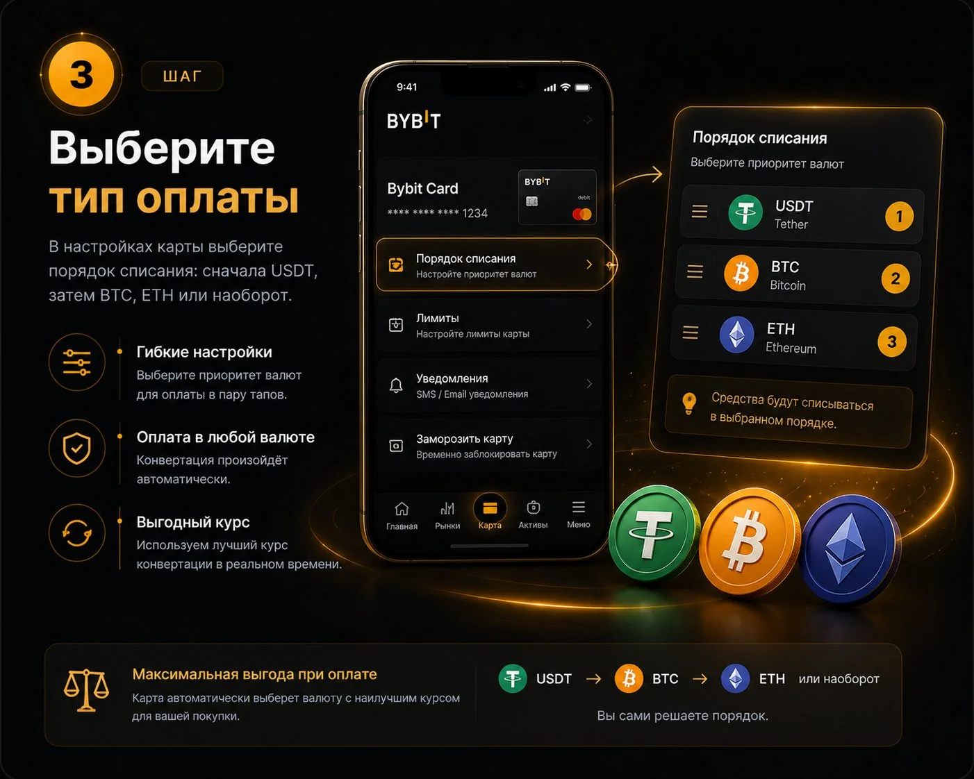 Выбор валюты для оплаты Bybit